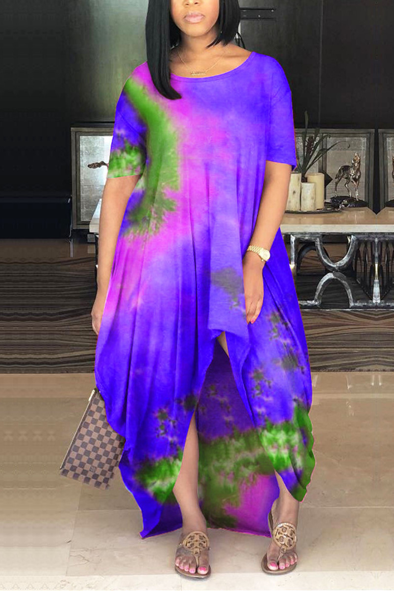 Purple Fashion Casual Regular Sleeve Short Sleeve O Neck Princess Ankle Length Print Dresses