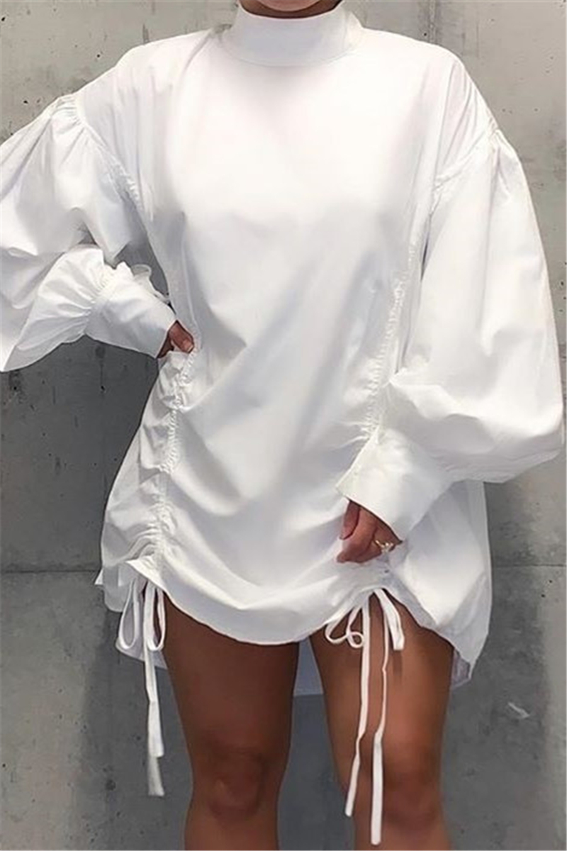 White Fashion Casual Lantern Sleeve Long Sleeve Mandarin Collar Shirt Dress Mini Print Dresses