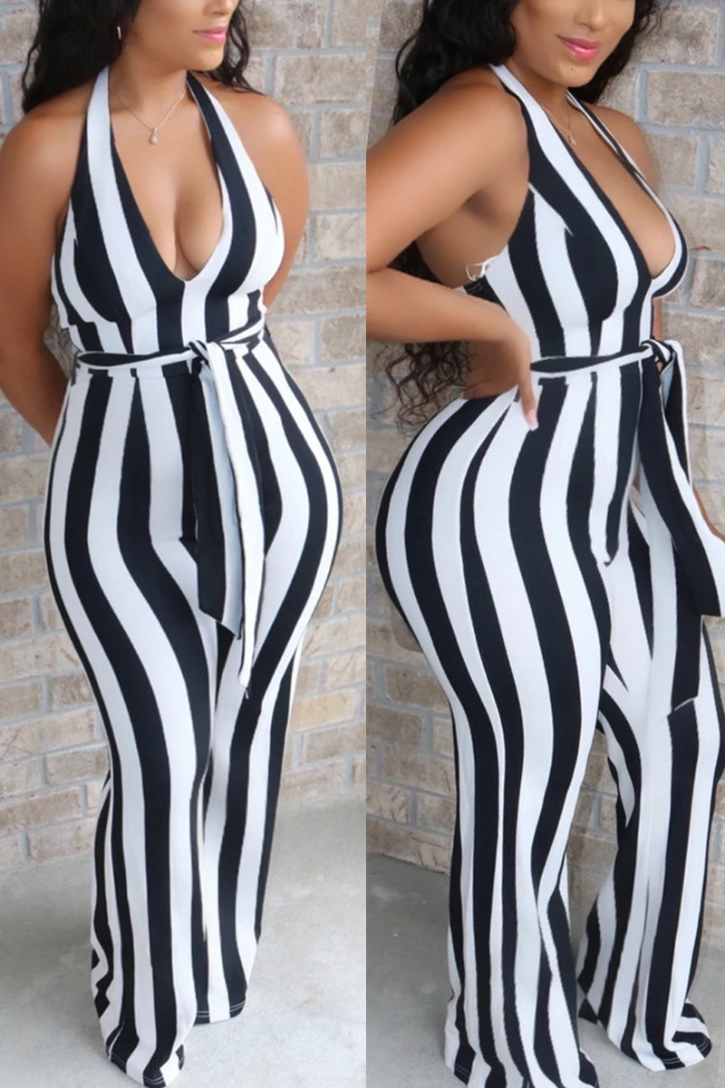 Black Fashion Sexy Street V Neck Sleeveless Off The Shoulder Boot Cut Striped Jumpsuits
