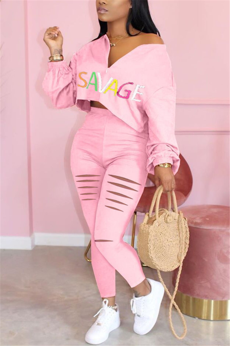 Pink Polyester Casual Letter Print Hole Straight Long Sleeve Two Pieces