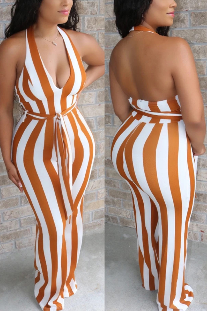 Apricot Fashion Sexy Street V Neck Sleeveless Off The Shoulder Boot Cut Striped Jumpsuits