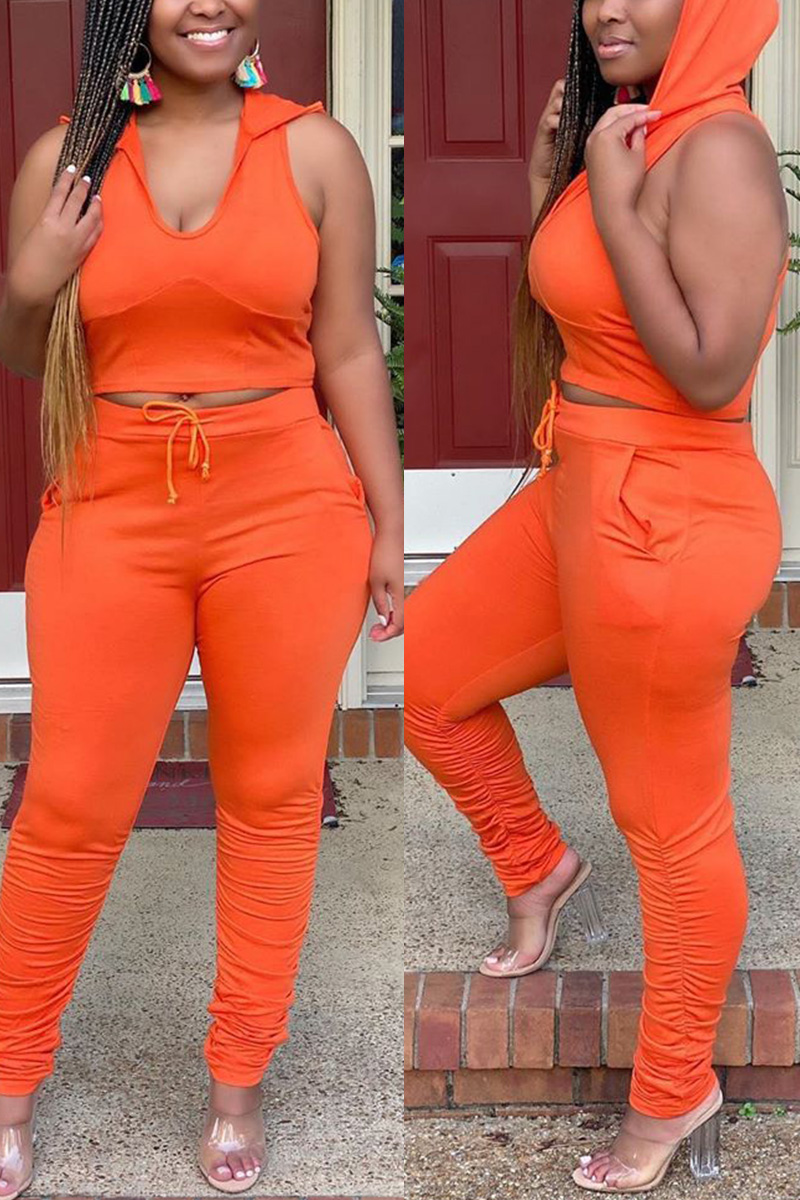 Orange Fashion Casual Sportswear Sleeveless U Neck Tank Regular Solid Two Pieces
