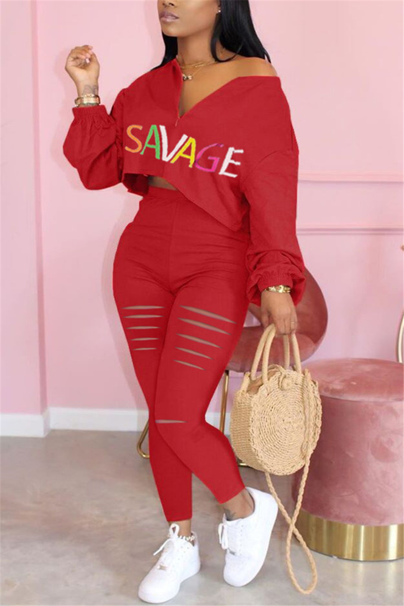 Red Polyester Casual Letter Print Hole Straight Long Sleeve Two Pieces