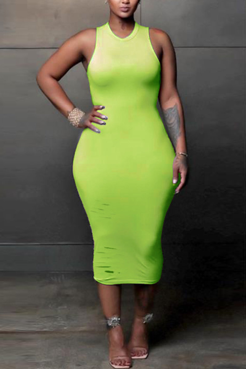 Fluorescent Green Sexy Off The Shoulder Sleeveless O Neck Wrapped Skirt Mid Calf Solid Dresses
