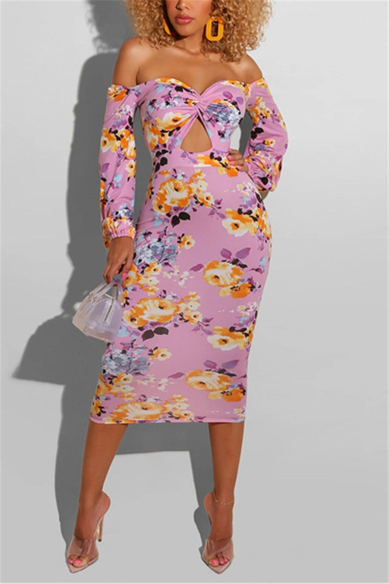 Pink Fashion Sexy Off The Shoulder Long Sleeve Strapless Printed Dress Mid Calf Print Dresses