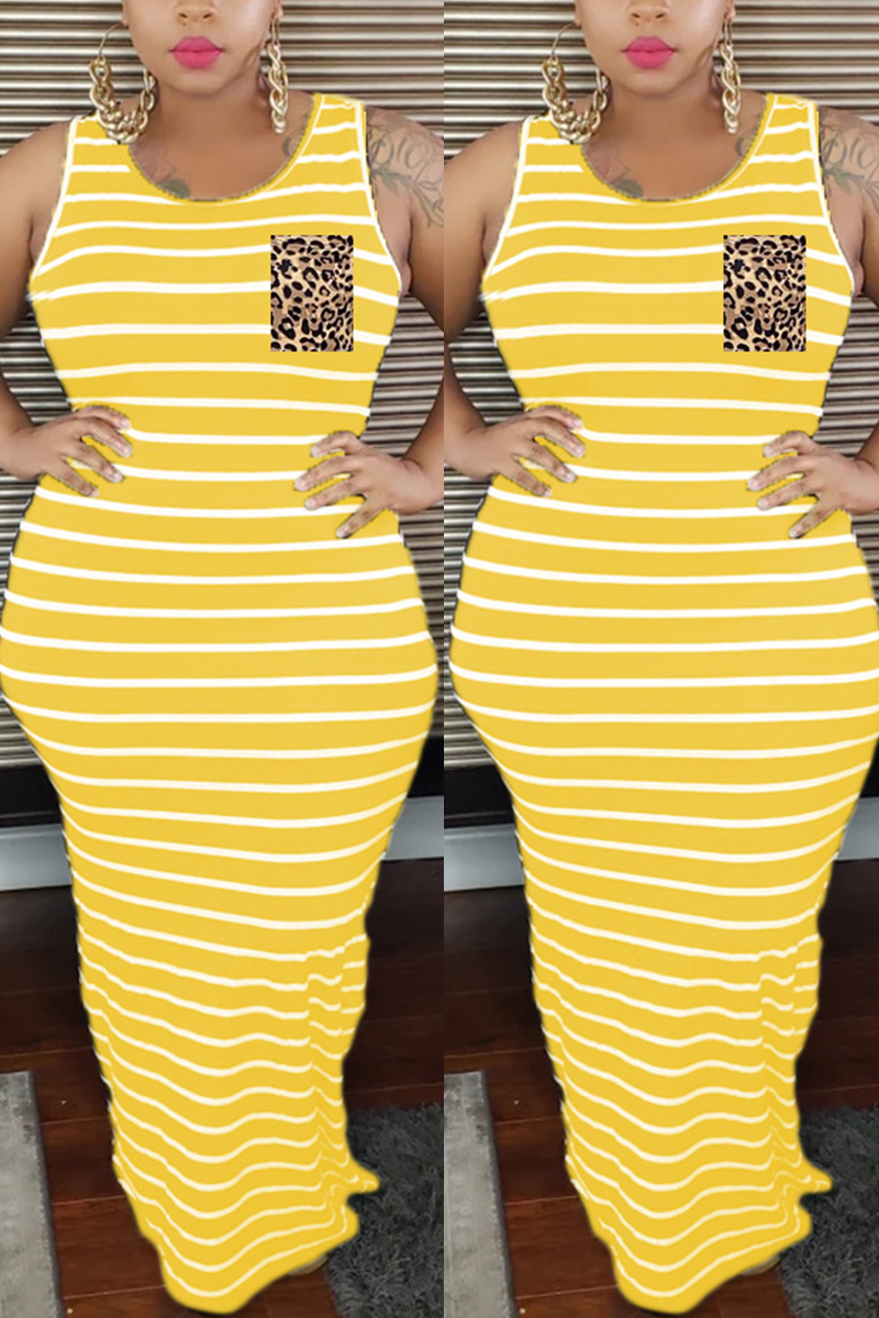Yellow Fashion Casual O Neck Tank Striped Print Vest Plus Size Dress