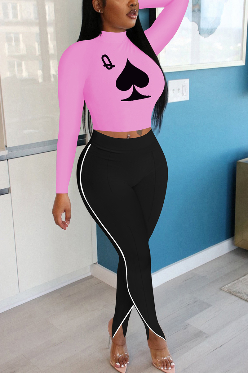 Pink Fashion Sexy Long Sleeve O Neck Regular Sleeve Regular Letter Print Two Pieces