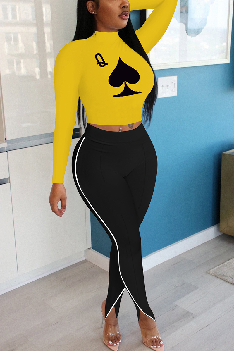 Yellow Fashion Sexy Long Sleeve O Neck Regular Sleeve Regular Letter Print Two Pieces