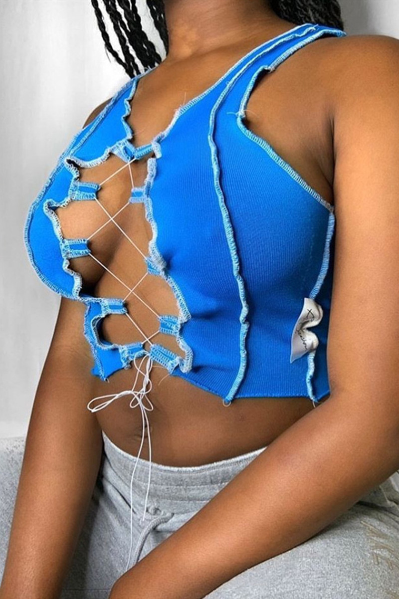 Blue Fashion Sexy V Neck Sleeveless Tank Short Patchwork Tops