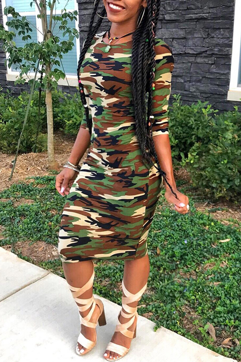 Camouflage Fashion Casual Sweet Regular Sleeve Long Sleeve O Neck A Line Mid Calf Mixed Printing Dresses