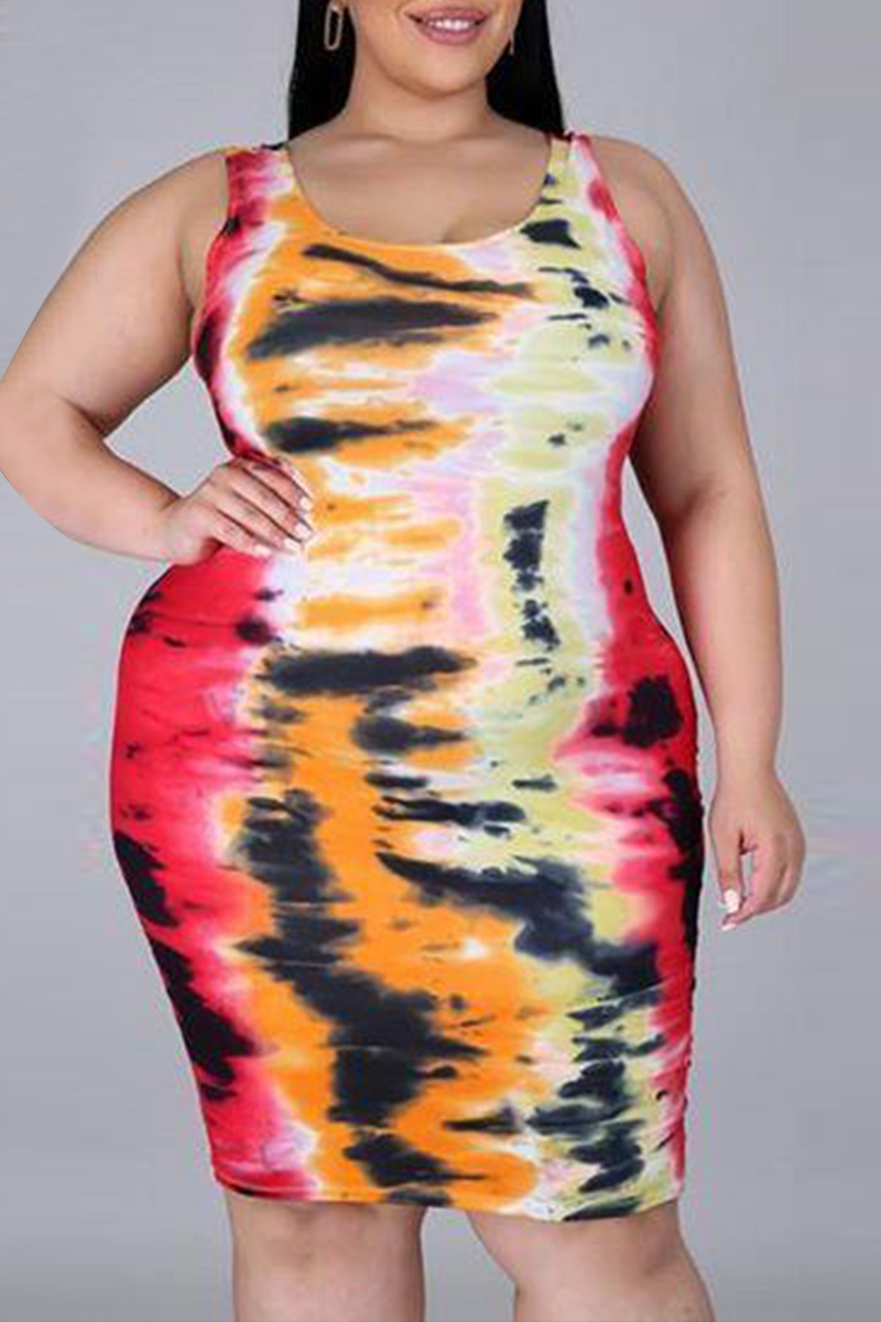 Multi Sexy O Neck Sleeveless Tank Print Tie Dye A Line Plus Size Dress