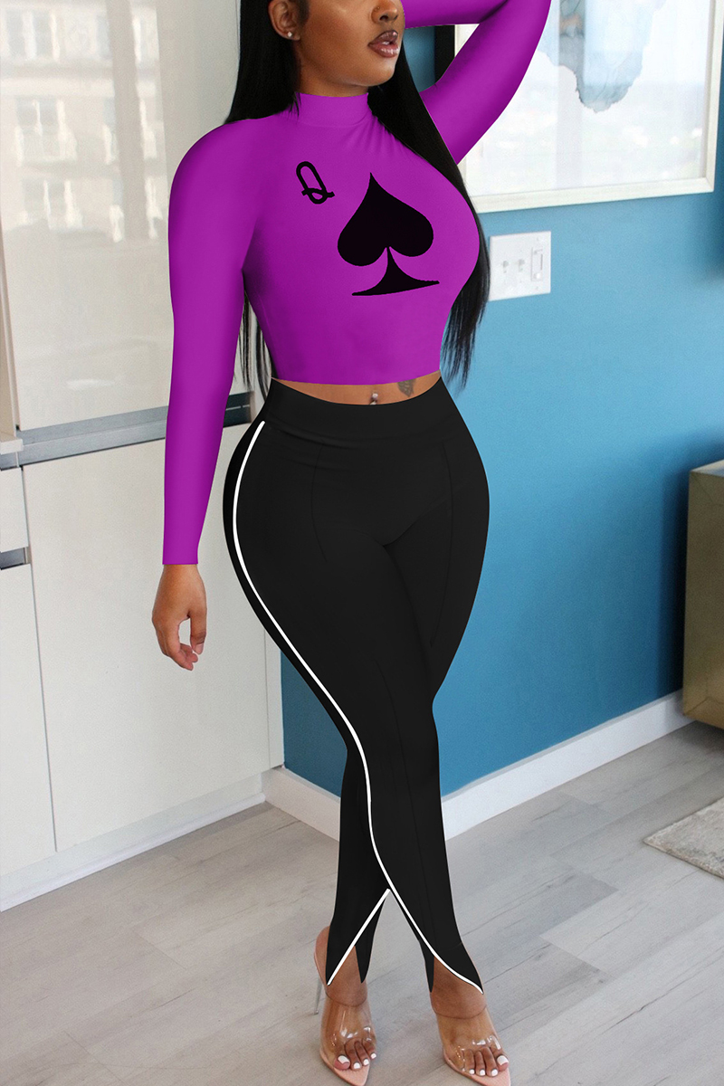 Purple Fashion Sexy Long Sleeve O Neck Regular Sleeve Regular Letter Print Two Pieces