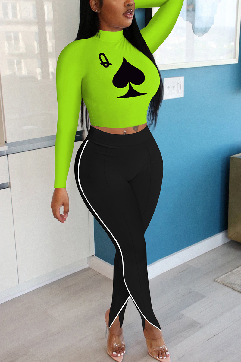 Fluorescent Green Fashion Sexy Long Sleeve O Neck Regular Sleeve Regular Letter Print Two Pieces