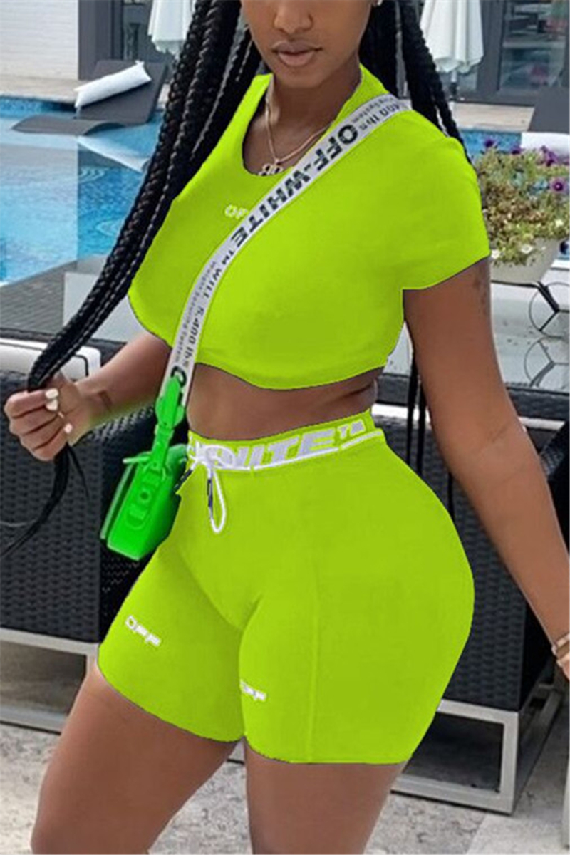 Knowfashionstyle - Fluorescent green fashion casual short sleeve o neck regular sleeve short solid two pieces