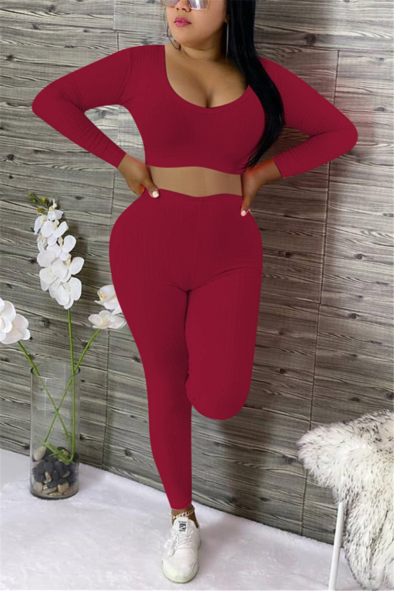 Wine Red Sexy Long Sleeve O Neck Regular Sleeve Short Solid Two Pieces