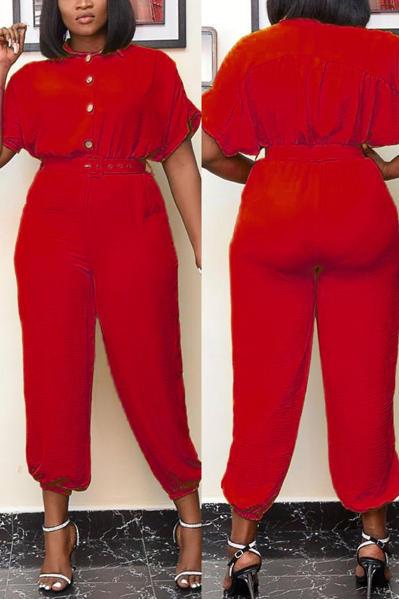 Red Fashion Casual Turndown Collar Short Sleeve Regular Sleeve Regular Solid Jumpsuits
