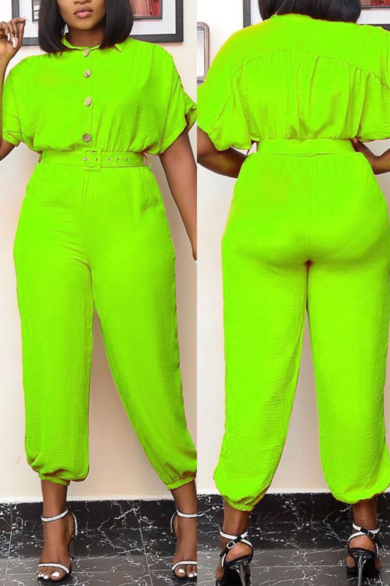 Fluorescent Green Fashion Casual Turndown Collar Short Sleeve Regular Sleeve Regular Solid Jumpsuits