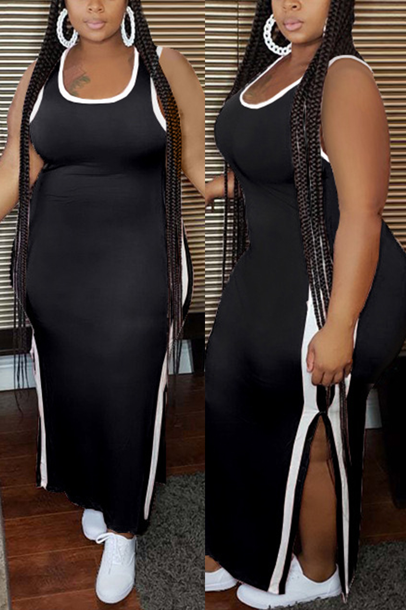 Black Fashion Sexy Spaghetti Strap Sleeveless U Neck Sling Dress Ankle Length Patchwork Dresses