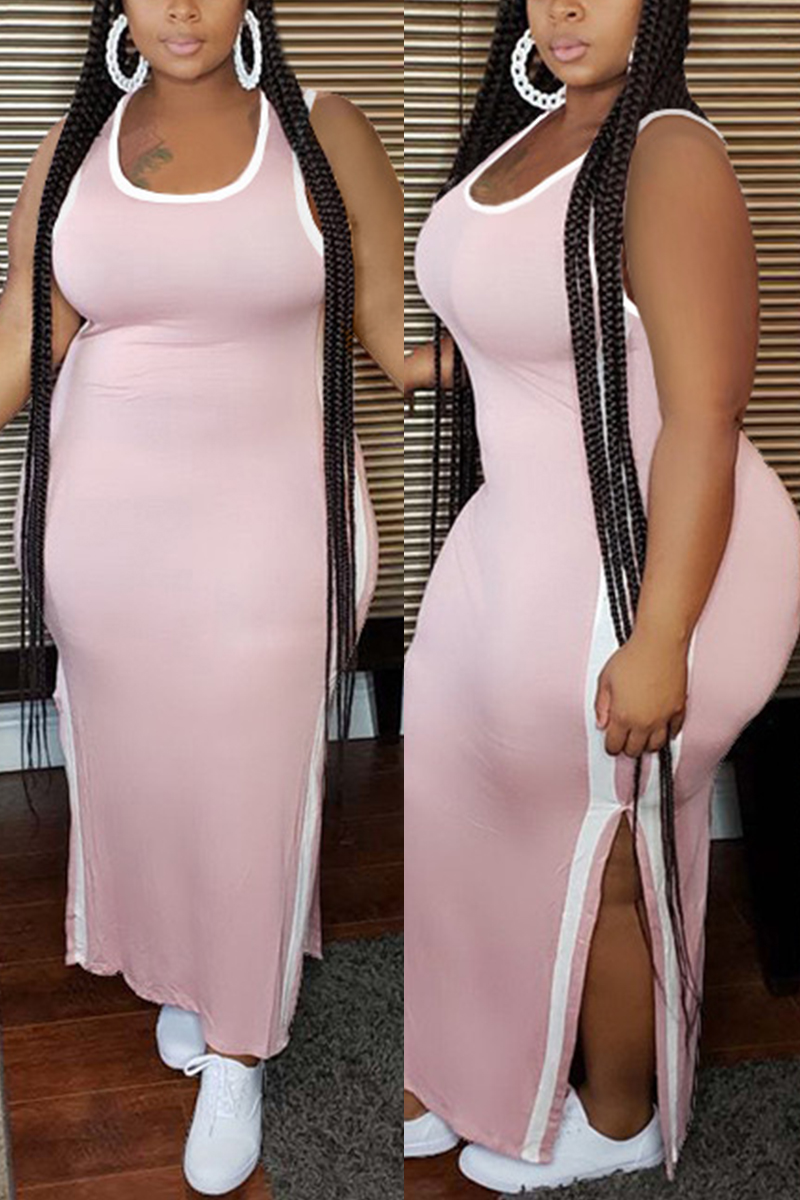 Pink Fashion Sexy Spaghetti Strap Sleeveless U Neck Sling Dress Ankle Length Patchwork Dresses