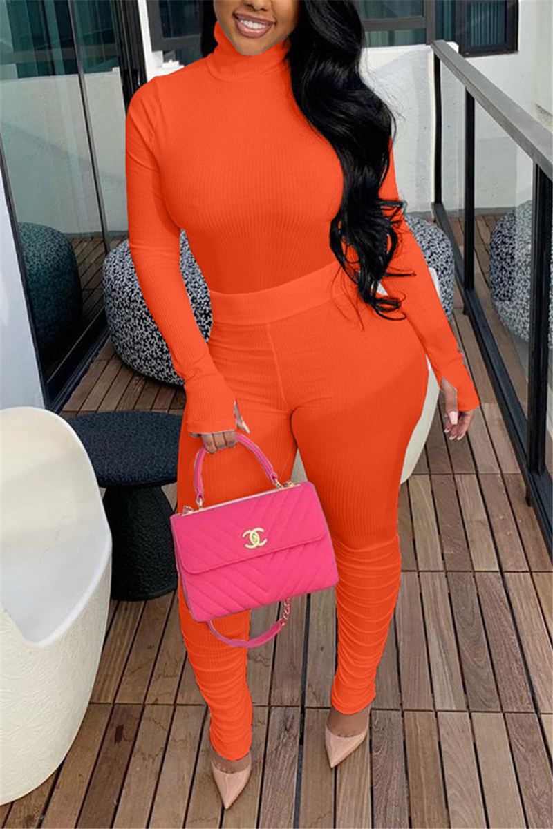 Orange Polyester Fashion Casual adult Ma'am Solid Two Piece Suits pencil Long Sleeve Two Pieces