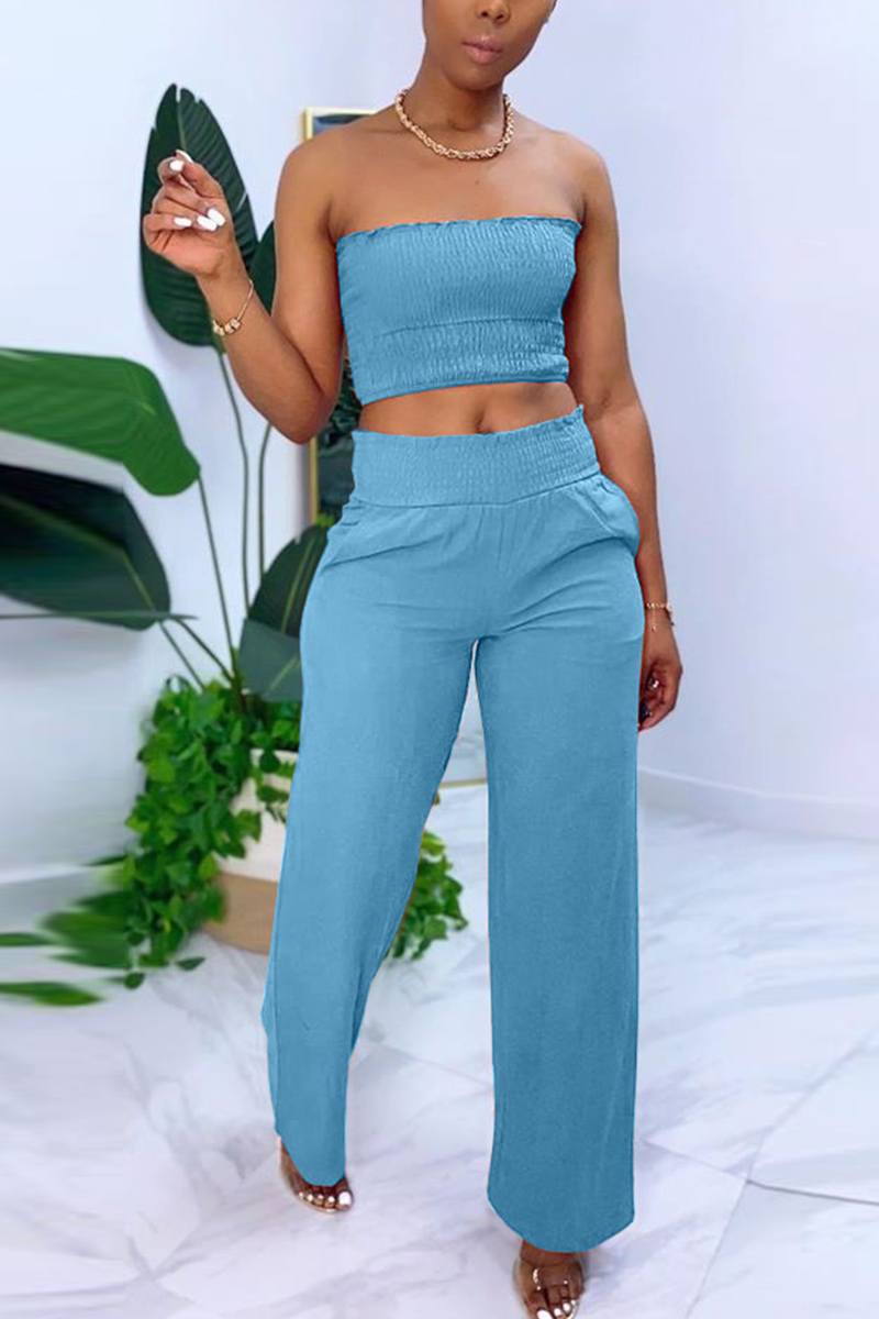 Blue Sexy Sleeveless Strapless Off The Shoulder Short Solid Two Pieces