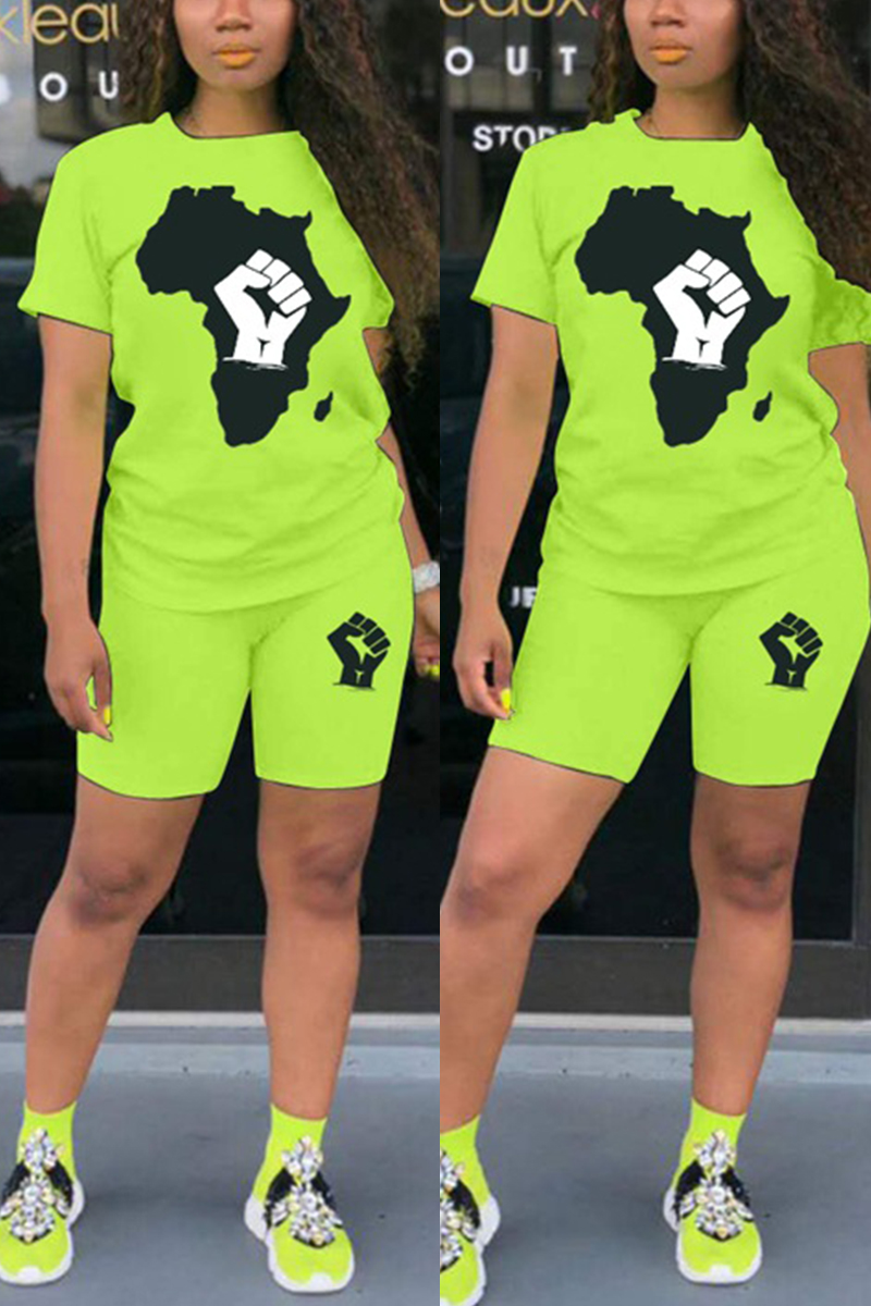 Fluorescent Green Fashion Casual Short Sleeve O Neck Regular Sleeve Regular Print Two Pieces