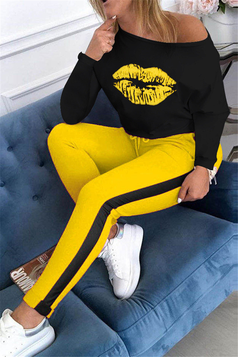 Yellow Casual Patchwork Print Lips Print Straight Long Sleeve Two Pieces
