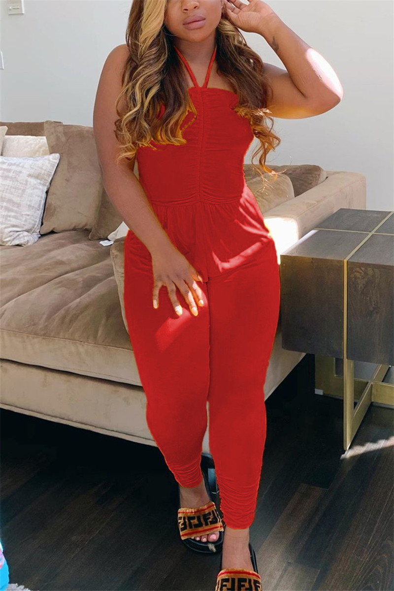 Red Fashion Sexy Spaghetti Strap Sleeveless Off The Shoulder Regular Solid Jumpsuits