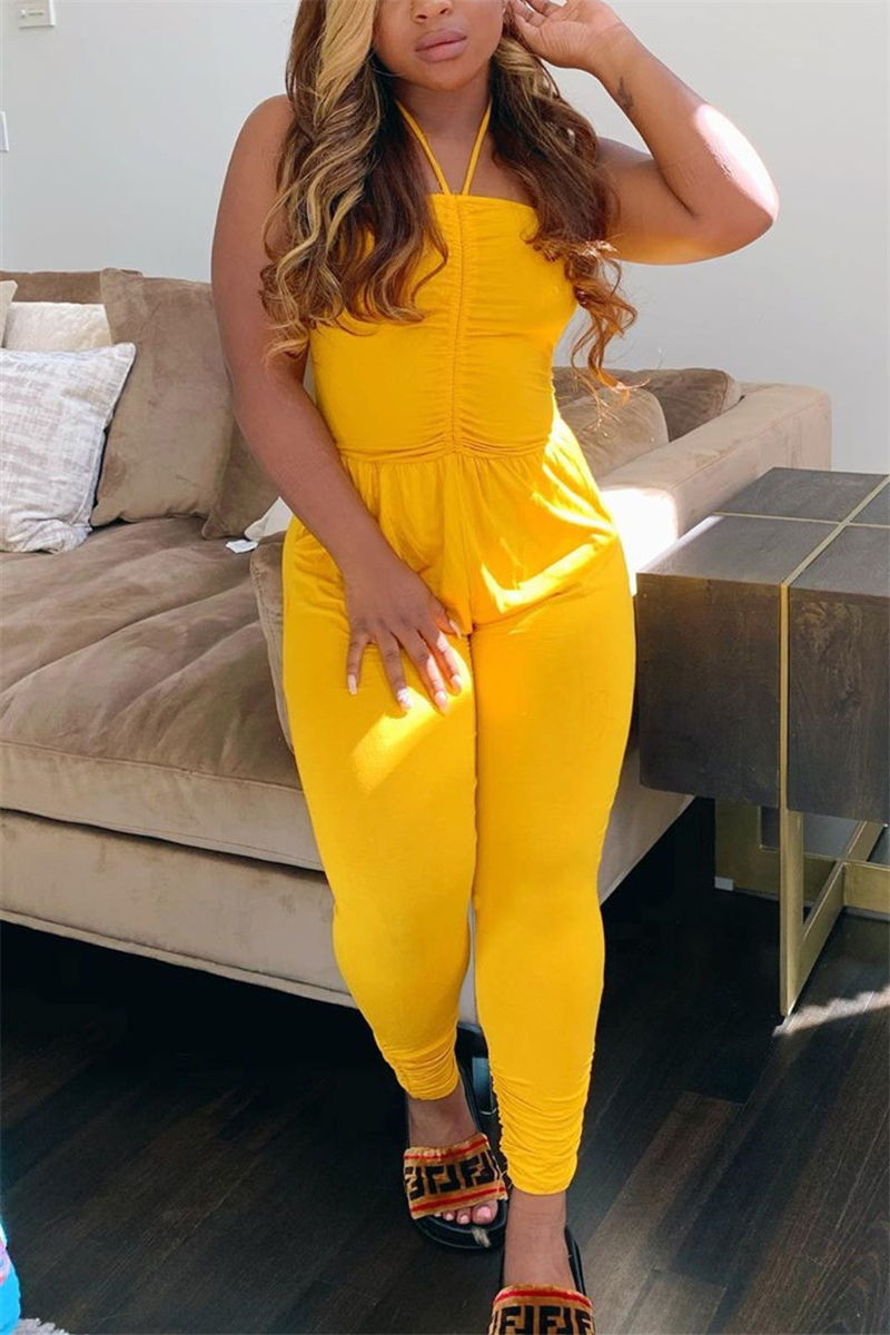 Yellow Fashion Sexy Spaghetti Strap Sleeveless Off The Shoulder Regular Solid Jumpsuits