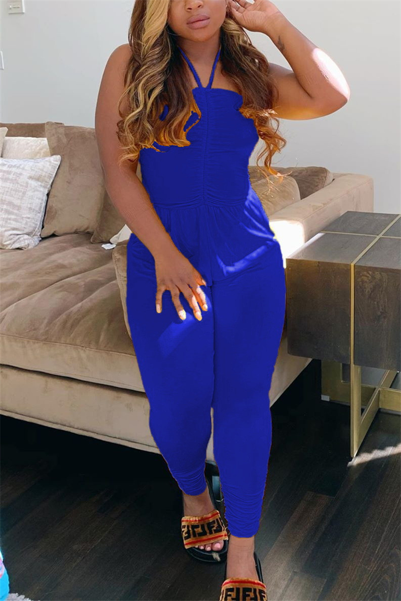 Blue Fashion Sexy Spaghetti Strap Sleeveless Off The Shoulder Regular Solid Jumpsuits