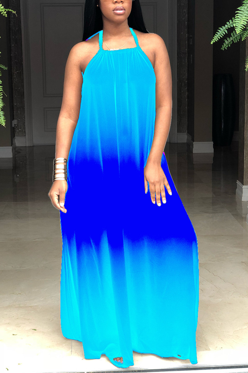 Blue Fashion Casual Off The Shoulder Sleeveless Spaghetti Strap Printed Dress Floor Length Gradual Change Print Dresses