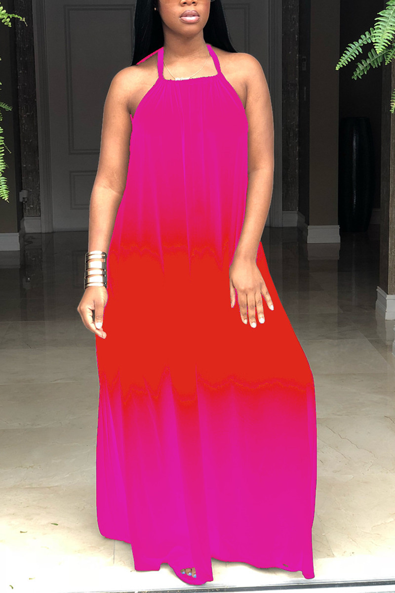 Pink Fashion Casual Off The Shoulder Sleeveless Spaghetti Strap Printed Dress Floor Length Gradual Change Print Dresses