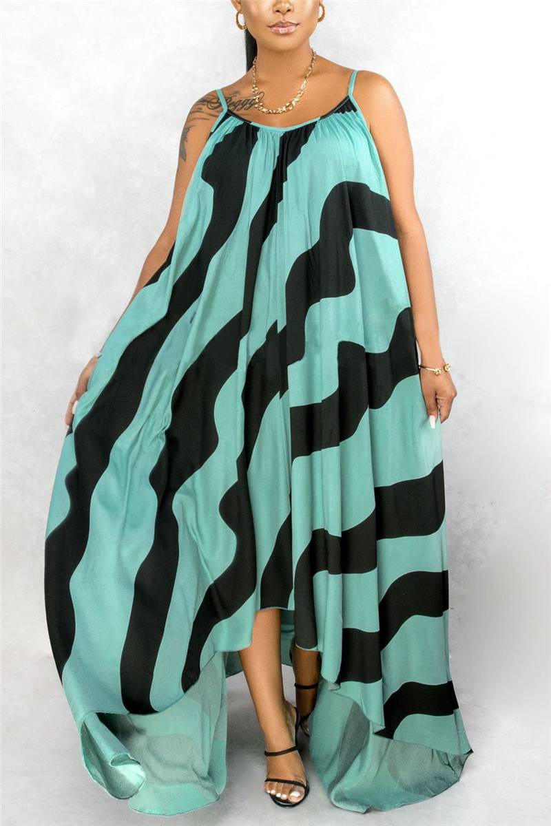 Green Fashion Casual Spaghetti Strap Sleeveless O Neck Asymmetrical Floor Length Print Dresses