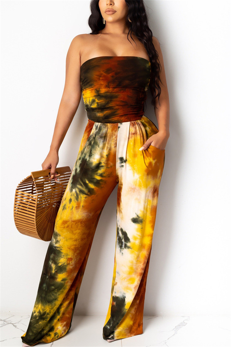 Coffee Sexy Strapless Sleeveless Off The Shoulder Regular Print Tie Dye Jumpsuits