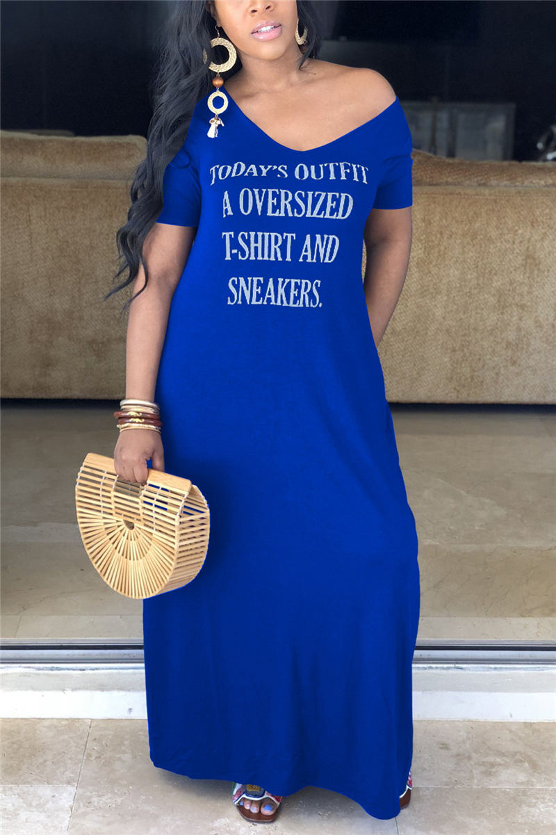 Deep Blue Fashion Casual Regular Sleeve Short Sleeve V Neck T-shirt Dress Floor Length Letter Print Dresses