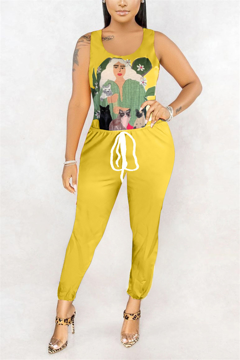 Yellow Fashion O Neck Sleeveless Tank Regular Print Jumpsuits