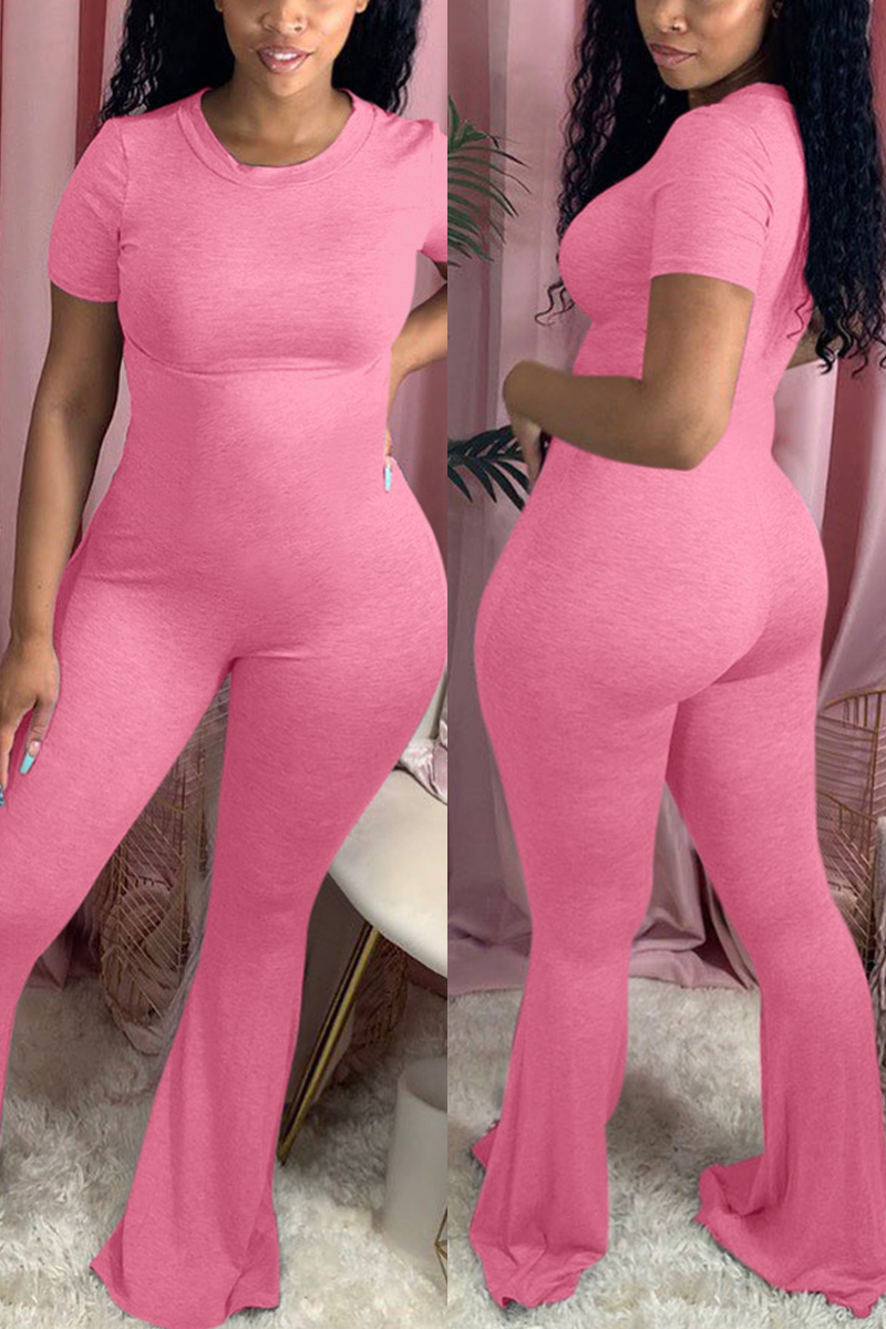 Pink Fashion Sexy O Neck Short Sleeve Regular Sleeve Skinny Solid Jumpsuits