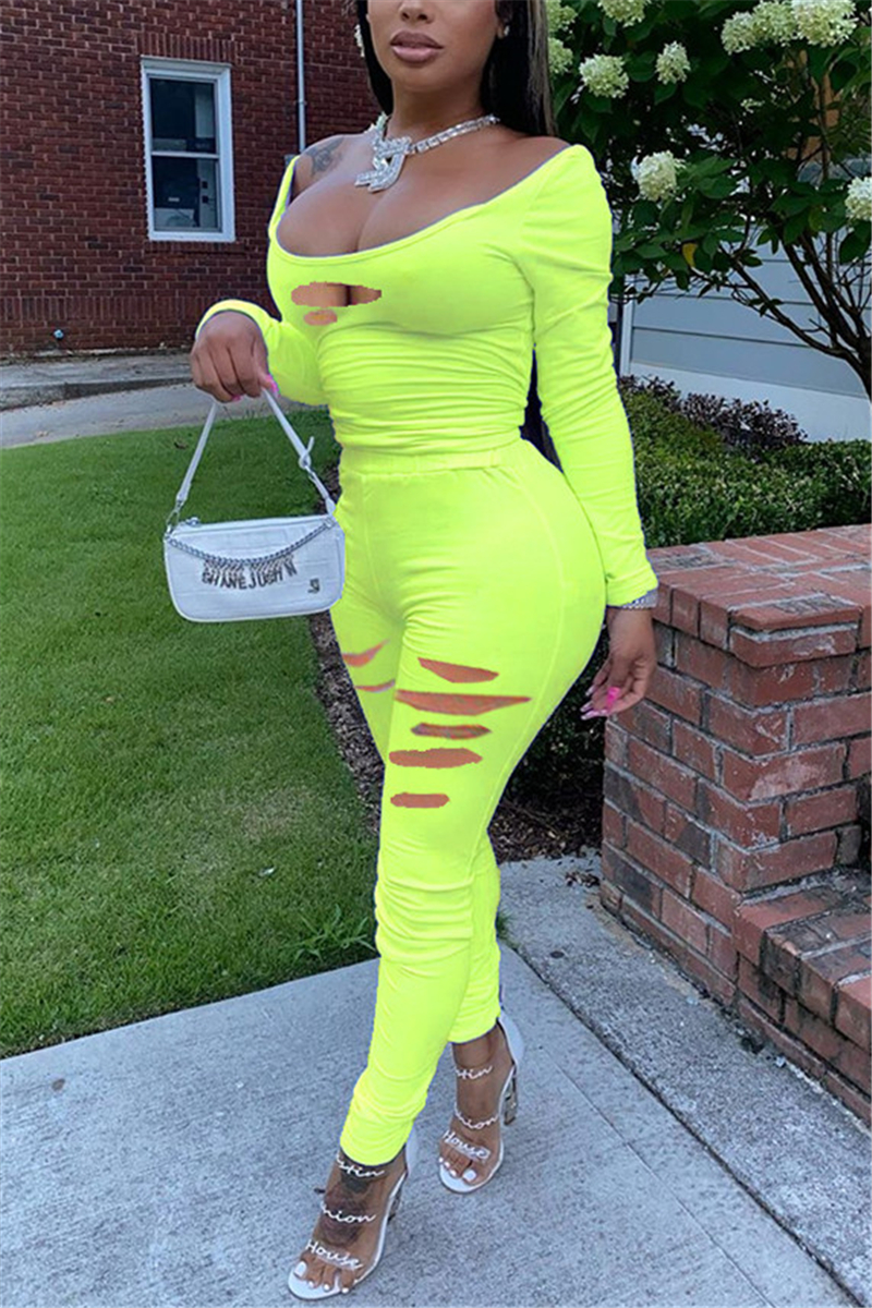 Fluorescent Green Sexy Casual Long Sleeve O Neck Regular Sleeve Regular Solid Two Pieces