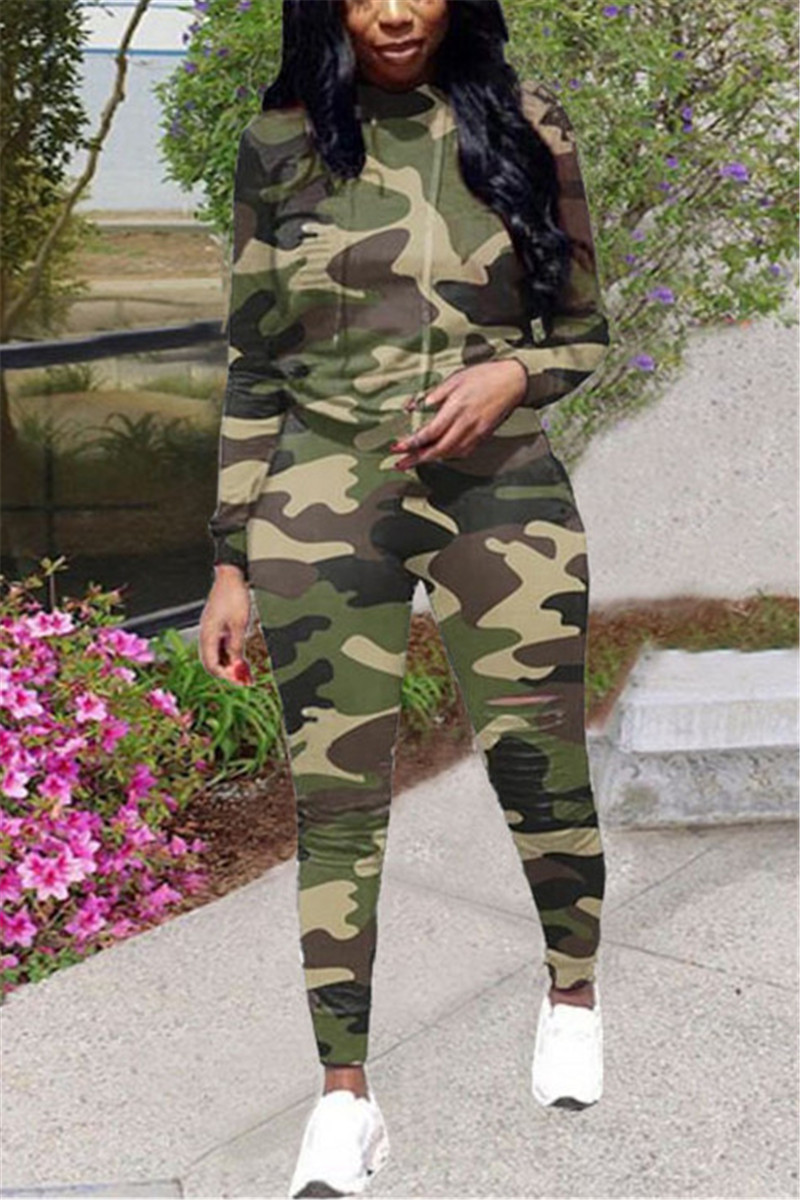 Army Green Fashion Casual Long Sleeve Hooded Collar Regular Sleeve Regular Camouflage Print Two Pieces