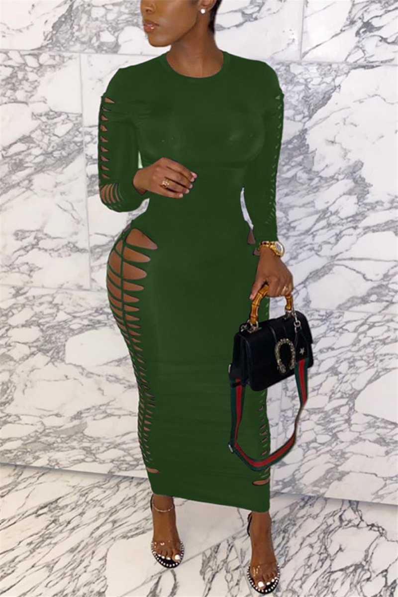 Army Green Fashion Sexy Regular Sleeve Long Sleeve O Neck Ankle Length Solid Dresses