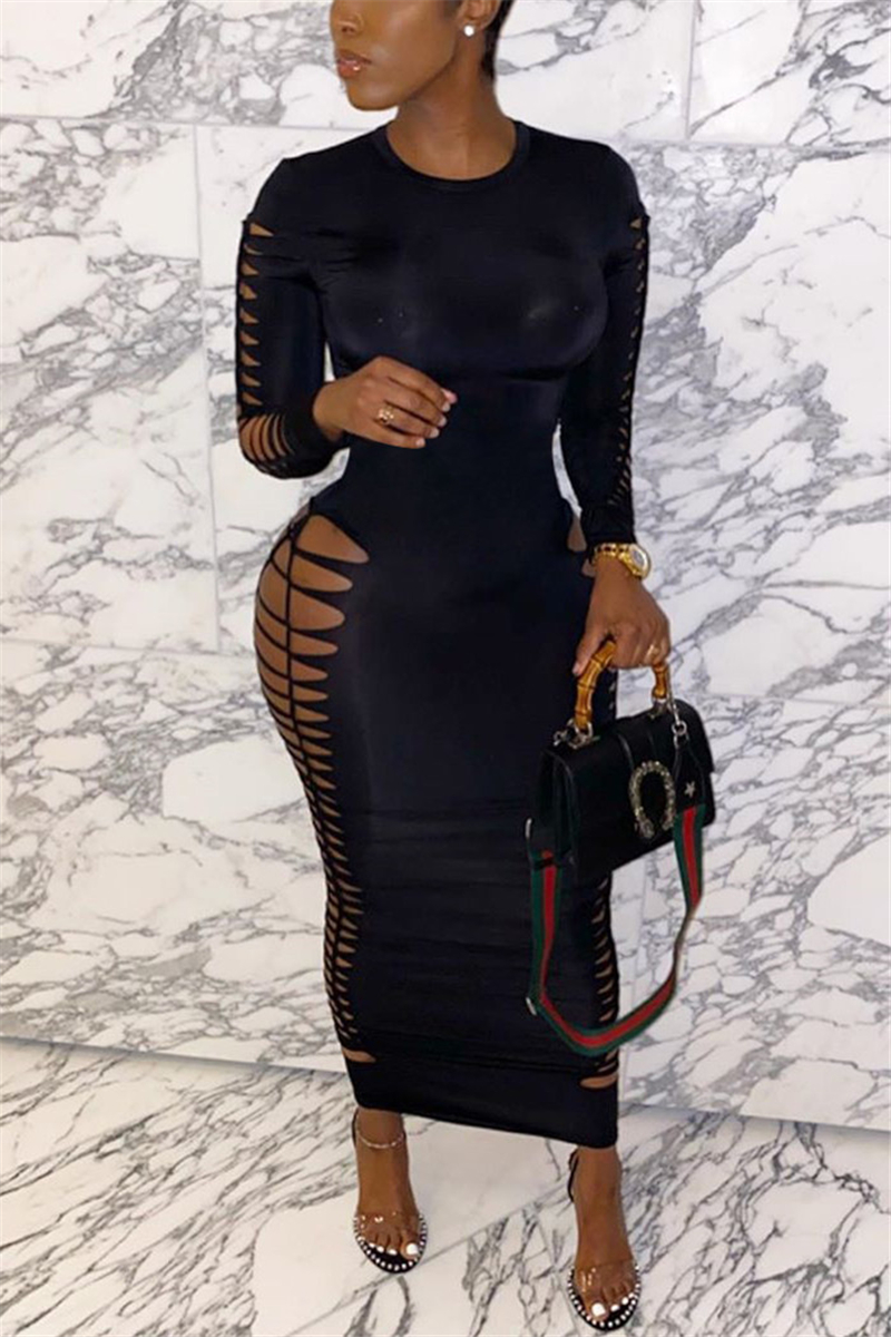 Black Fashion Sexy Regular Sleeve Long Sleeve O Neck Ankle Length Solid Dresses