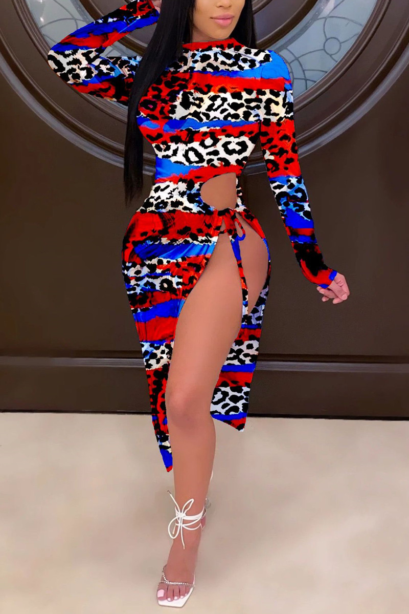 Knowfashionstyle - Red and blue sexy long sleeves o neck asymmetrical ankle-length print leopard split tie and dye chain dresses