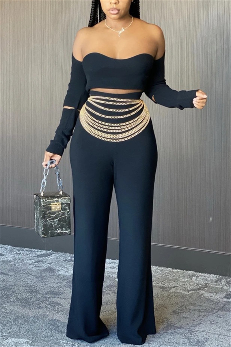 Black Sexy Long Sleeve Strapless Off The Shoulder Short Solid Two Pieces (Without Belt)