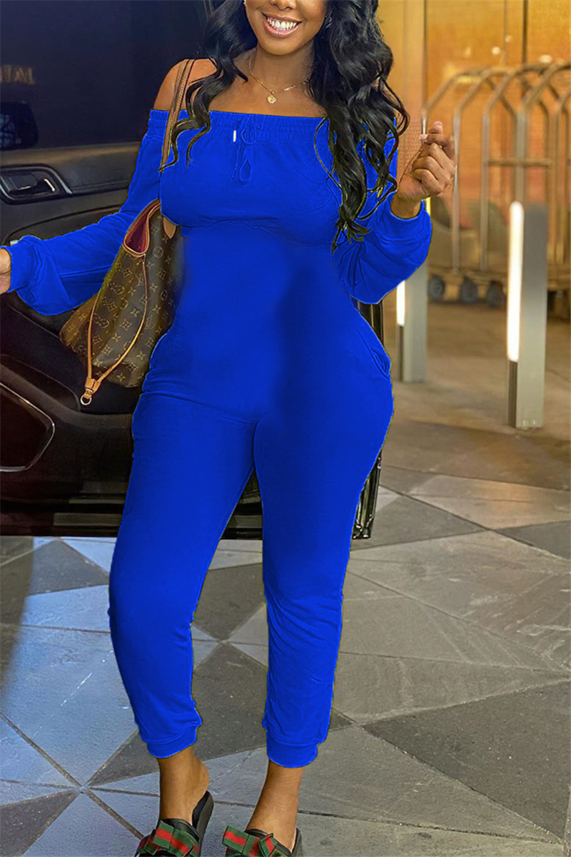 Blue Fashion Casual Bateau Neck Long Sleeve Regular Sleeve Regular Solid Jumpsuits