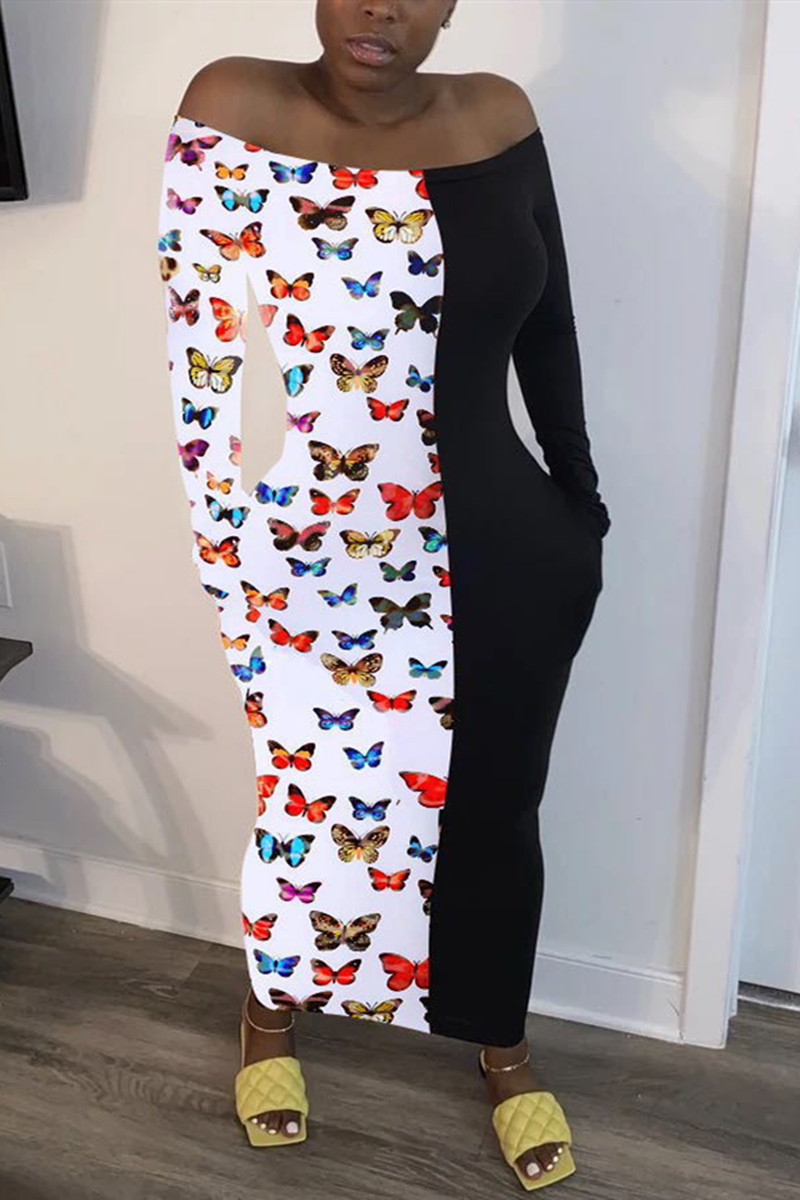 Multi Fashion Sexy Off The Shoulder Long Sleeve Bateau Neck Printed Dress Ankle Length Patchwork Butterfly Print Dresses