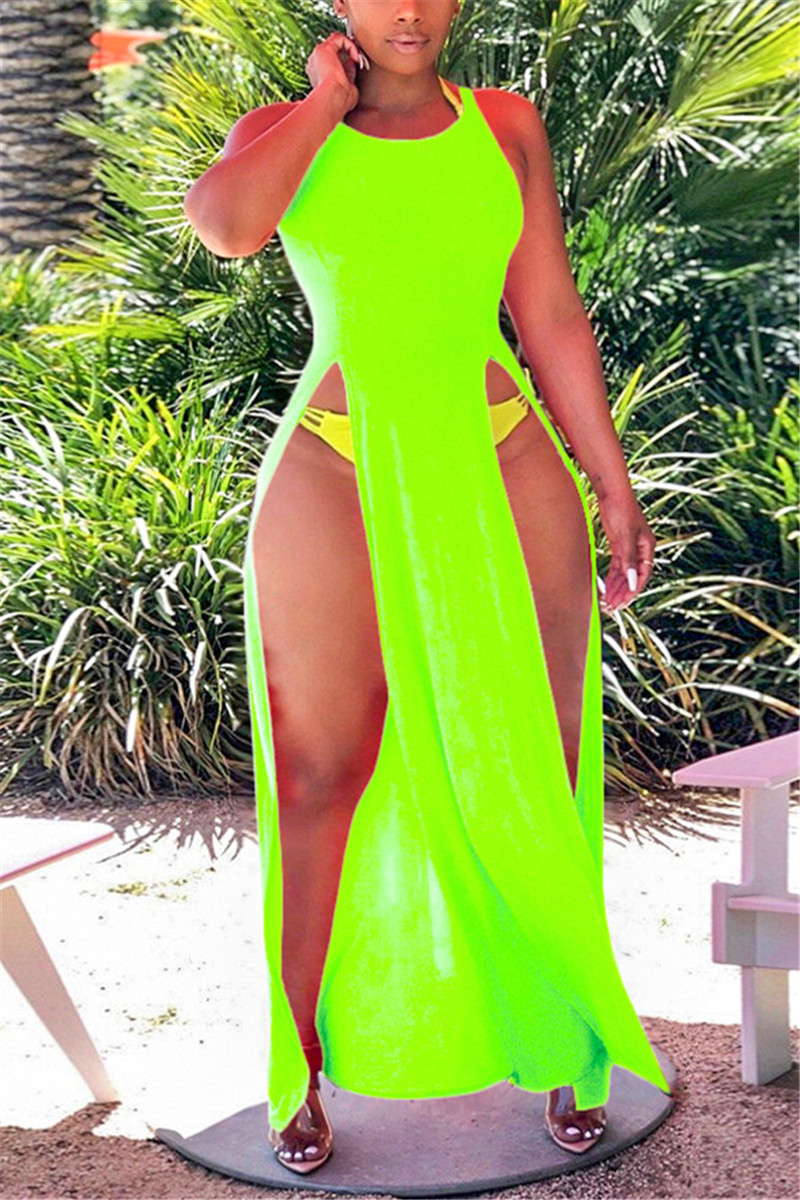 Fluorescent Green Sexy Off The Shoulder Sleeveless O Neck Vest Dress Floor Length Solid Dresses