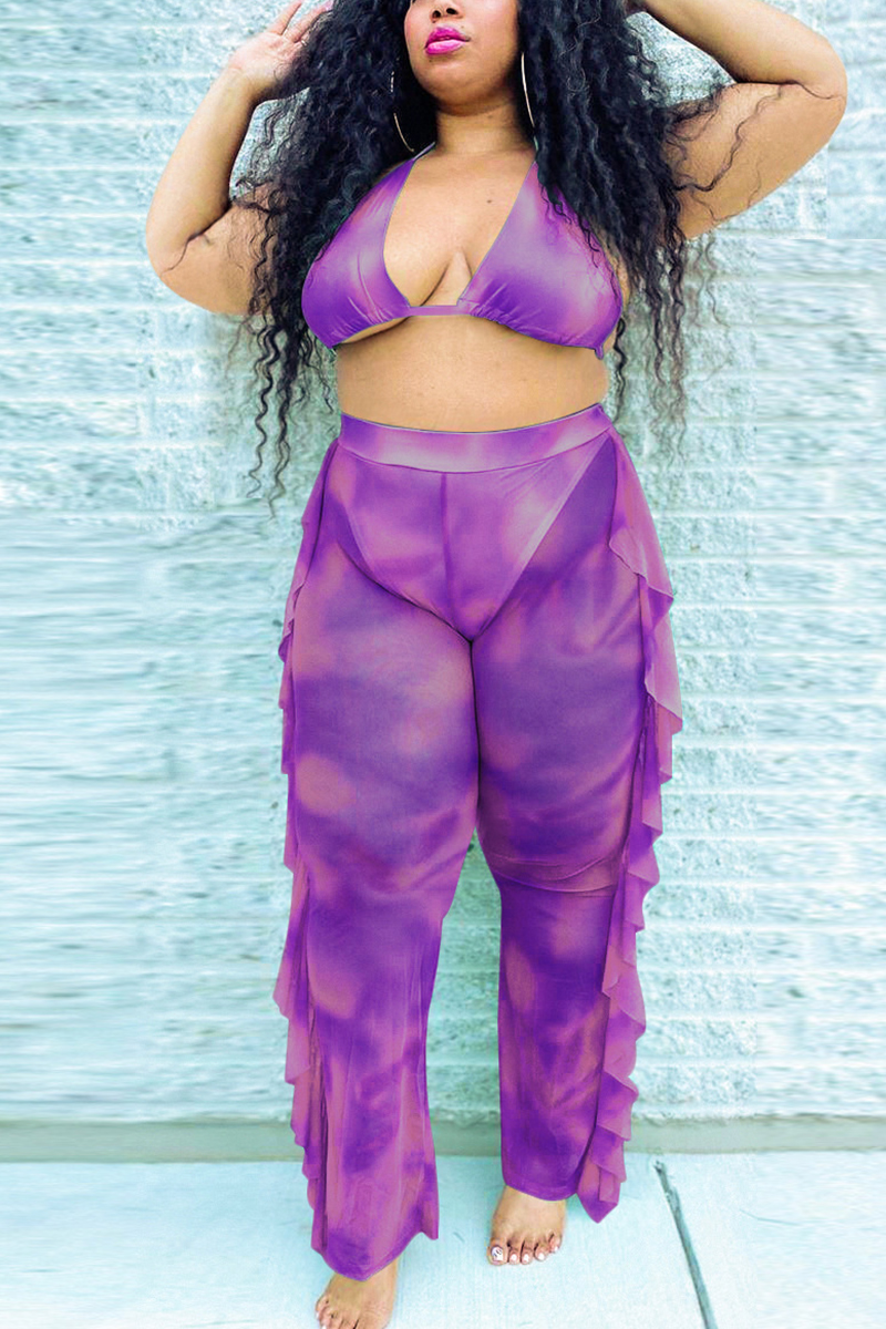Purple Sexy Fashion Tie-dye Print Plus Size Set