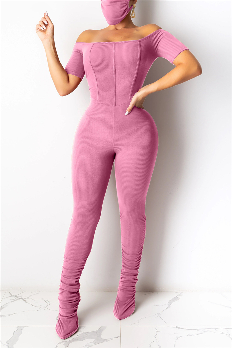 Pink Fashion Sexy Solid Polyester Short Sleeve one word collar Jumpsuits