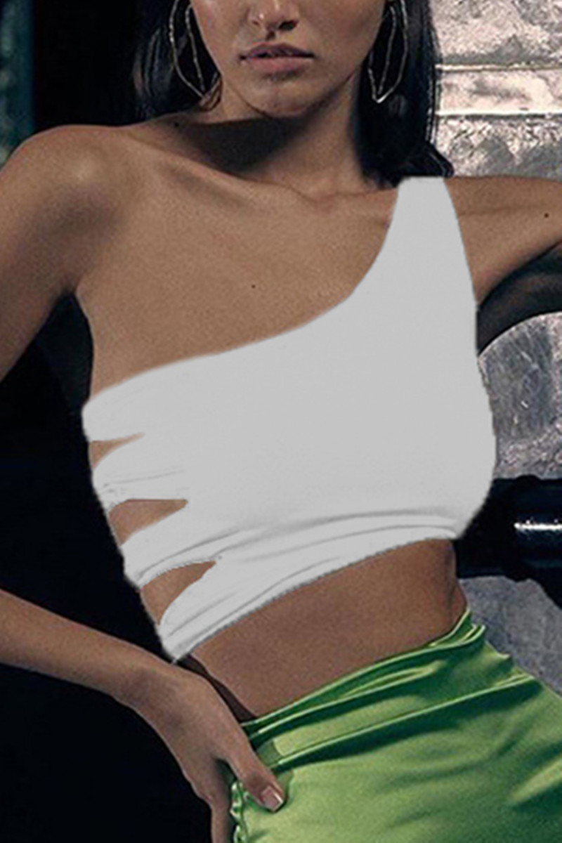 White Fashion Sexy Oblique Collar Sleeveless Off The Shoulder Short Solid Tops