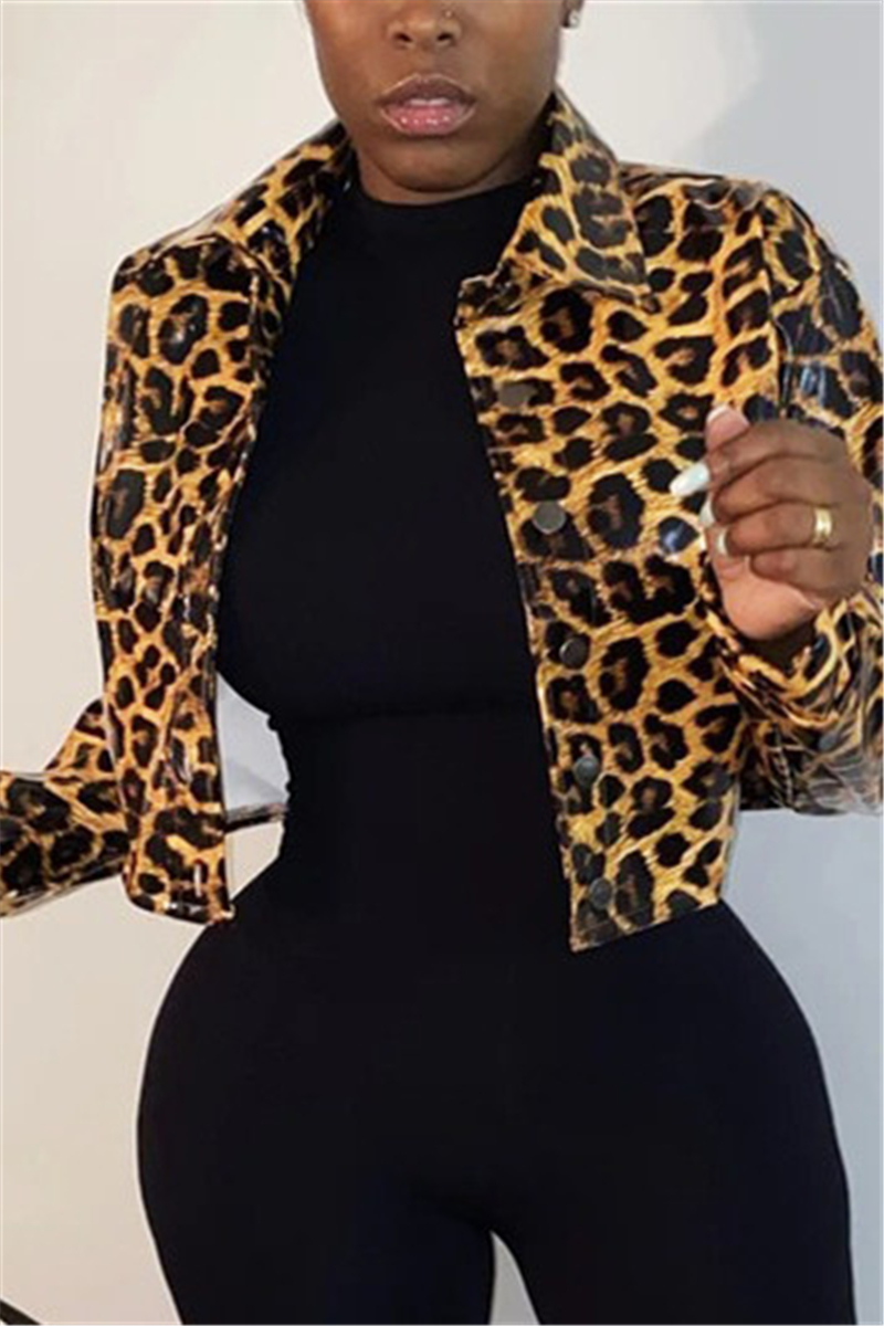 Yellow O Neck Leopard PU Others Long Sleeve Outerwear